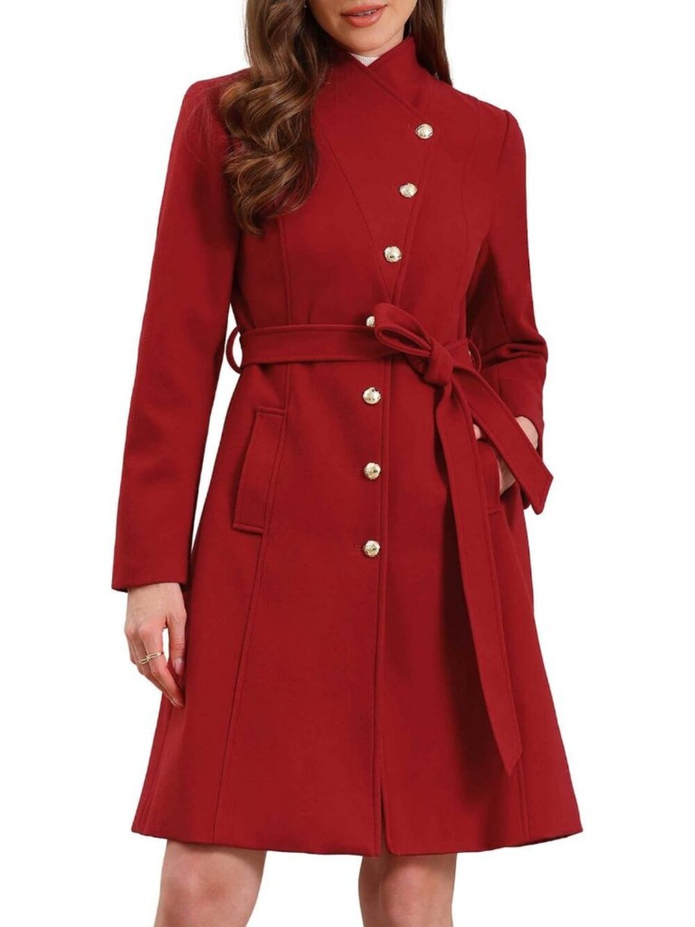 Stylish Women's Long Winter Peacoat with Stand Collar & Belted Trench Design